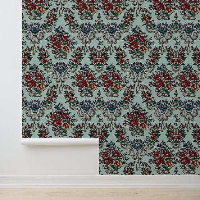 Papier Peint Belles Fleurs tendance Feuille bleu rose vert (Application)