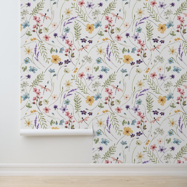 Papier Peint Belles libellules de fleurs sauvages Floral (Application)