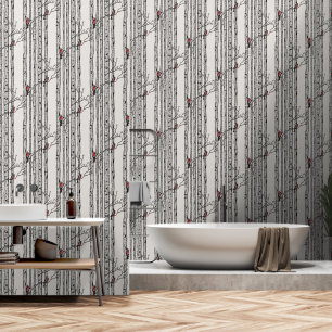 Papier Peint Birch Trees modernes et Red Cardinal Birds