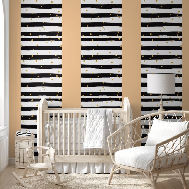 Papier Peint Black White Stripes with Gold Confetti Pattern (Enfants)
