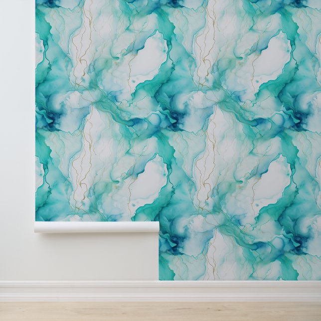 Papier Peint Blanc bleu vert Aqua Abstrait (Application)
