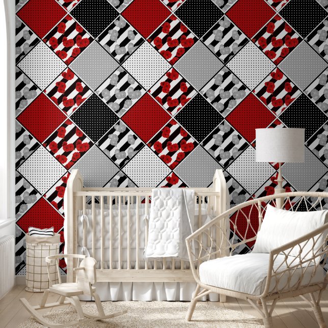 Papier Peint Blanc noir avec patchwork rétro rouge (Enfants)