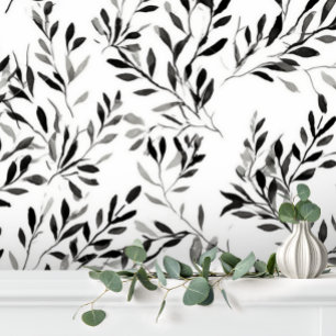 Papier Peint Blanc Noir Élégant Feuille Moderne Floral