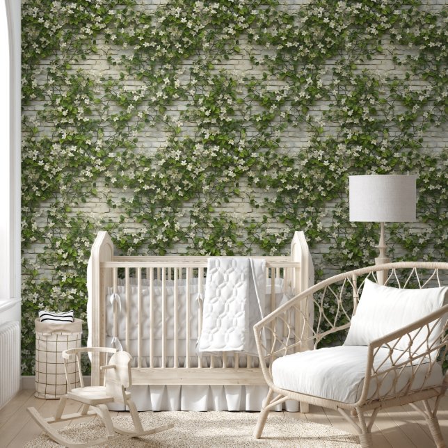 Papier Peint Blanc Rustique brique Floral Ivy (Enfants)