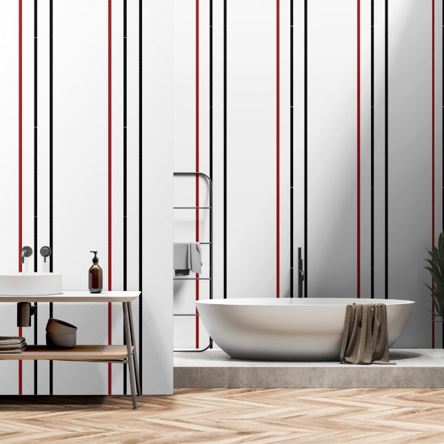 Papier Peint Blancs verticaux noirs rouges (Salle de bain)