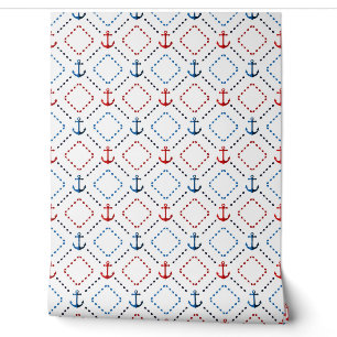 Papier Peint Bleu, ancres rouges, marine