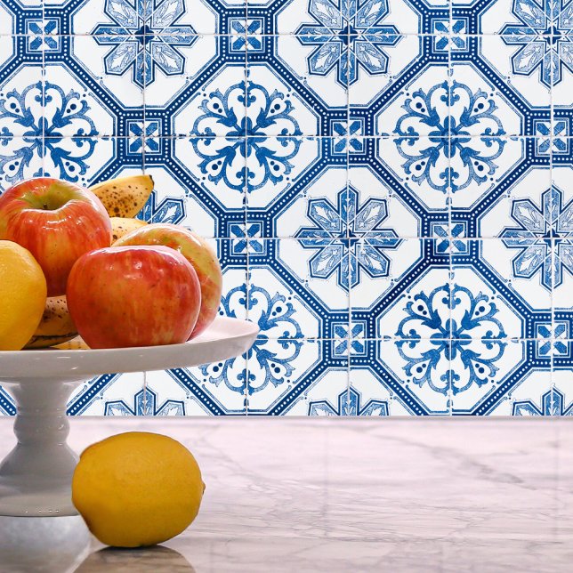Papier Peint Bleu Blanc Mosaïque Florale Carrelage Motif Peel S (Créateur téléchargé)