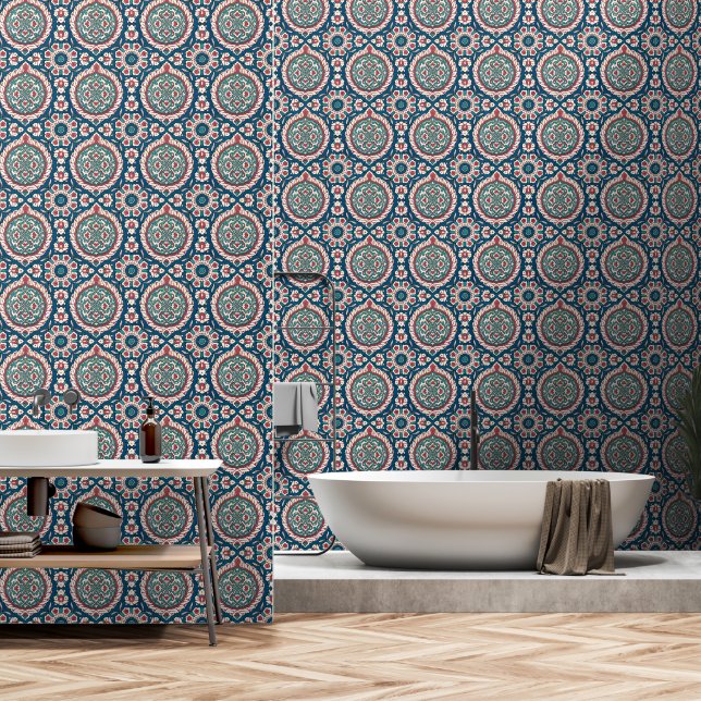 Papier Peint Bleu blanc rouge Turquoise Oriental Azulejo Motif (Salle de bain)