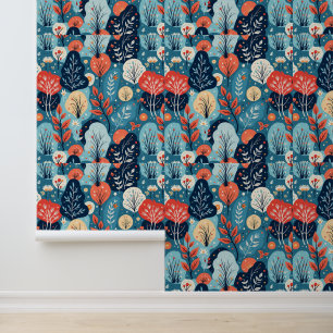 Papier Peint Bleu botanique Abstrait et Motif de corail