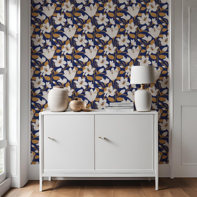 Papier Peint Bleu Botanique Bleu Lys Floral (Créateur téléchargé)