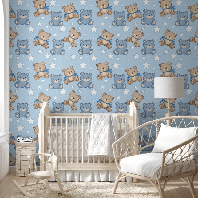 Papier Peint Bleu Brown Ours Teddy Étoiles Motif Baby Nursery (Enfants)