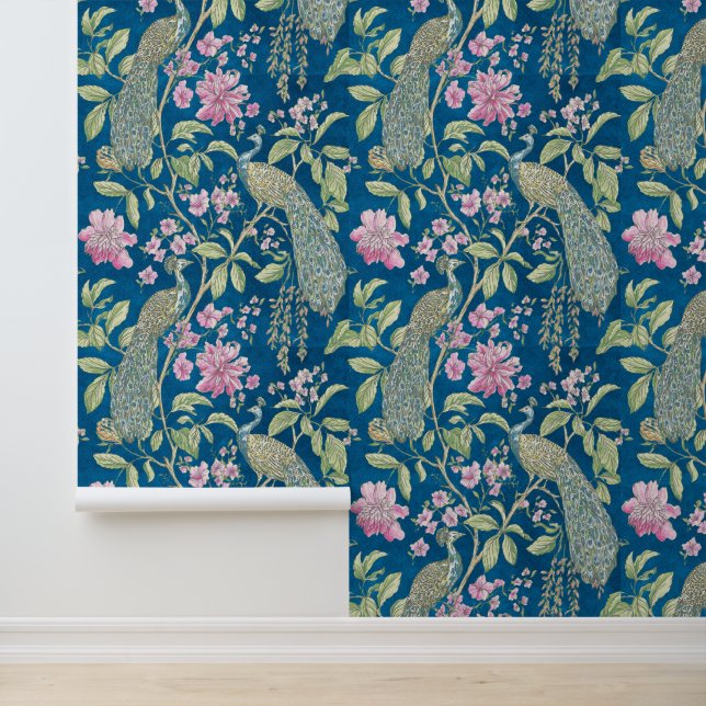 Papier Peint Bleu Chinoiserie paon peigne et bâton fleuri (Application)