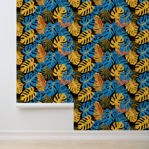 Papier Peint Bleu clair et Jaune Palme Tropicale d'été Feuilles