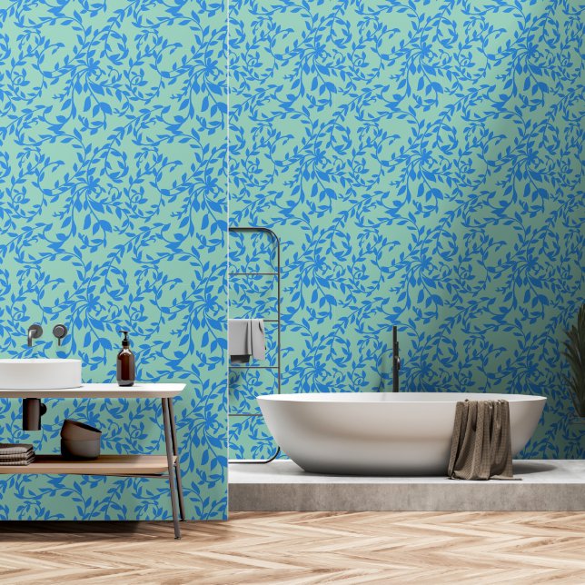 Papier Peint Bleu clair Turquoise Feuille Botanique Floral (Salle de bain)