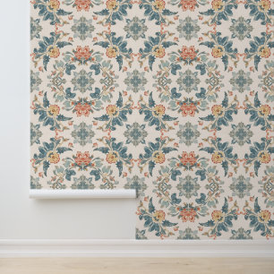 Papier Peint Bleu doux et floral aquarelle corail
