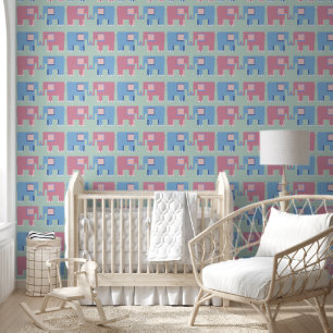Papier peint bleu éléphant rose pépinière