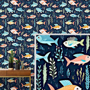 Papier Peint Bleu et poisson orange nager sur bleu foncé