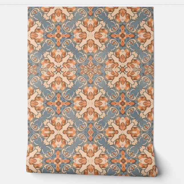Papier Peint Bleu et Terracotta Floral Art Nouveau (Déroulement)
