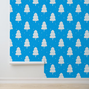 Papier Peint Bleu festif blanc sapin motif carrelé