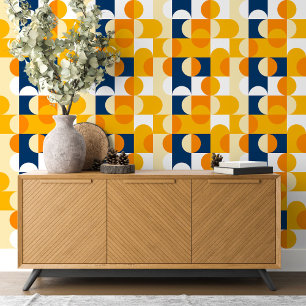 Papier Peint Bleu foncé Jaune Orange Blancs Motif d'art