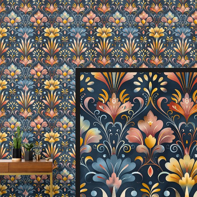 Papier Peint Bleu foncé Or Orange Art Nouveau (Créateur téléchargé)