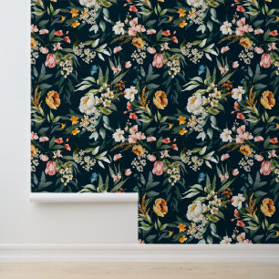 Papier Peint Bleu foncé Vintage Motif de fleurs de jardin