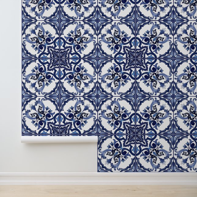 Papier Peint Bleu italien & Blanc Sicilien Majolica Carreaux (Application)