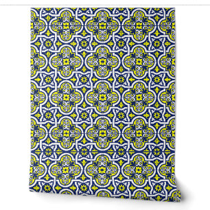 Papier Peint Bleu Jaune Blanc Floral Carrelage Vintage Ornement