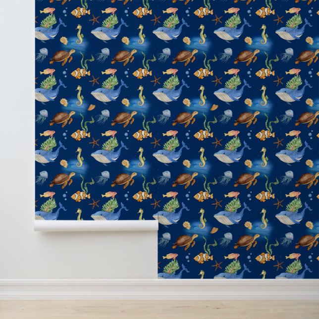 Papier Peint Bleu marine baleines tortues (Application)
