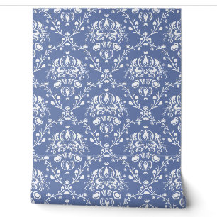 Papier Peint Bleu Myosotis et Damassé Blanc