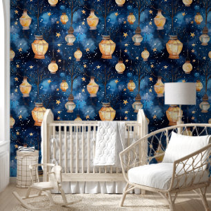 Papier Peint Bleu nuit lampes orange