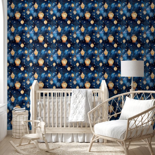 Papier Peint Bleu nuit lampes orange (Enfants)