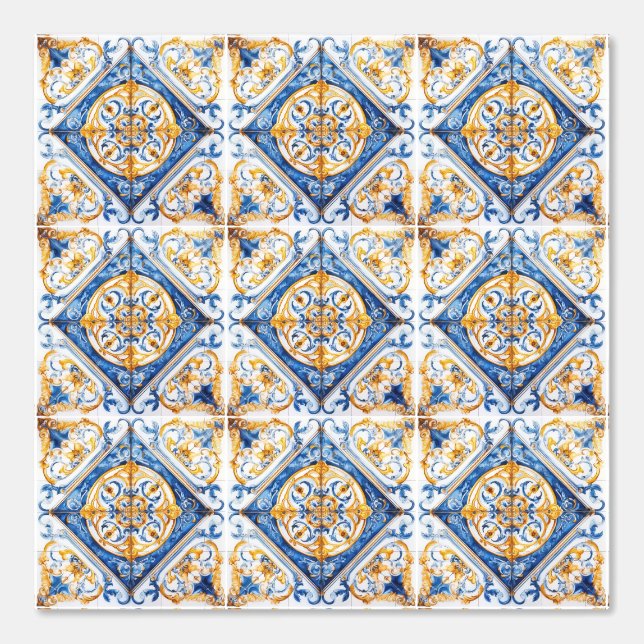 Papier Peint Bleu or et blanc Talavera Azulejo Look Tile (Recto)