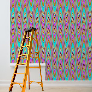Papier Peint Bleu rose Orange noir Zig zag motif bâton
