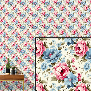 Papier Peint Bleu rose Vintage Rose Floral Shabby Chic
