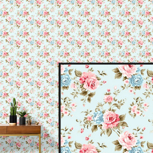 Papier Peint Bleu rose Vintage Rose Floral Shabby Chic Aqua