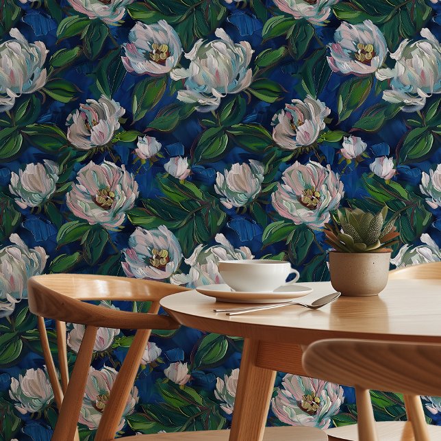 Papier Peint Blooms enchantés : Pies blanches sur Bleu Profond (Créateur téléchargé)