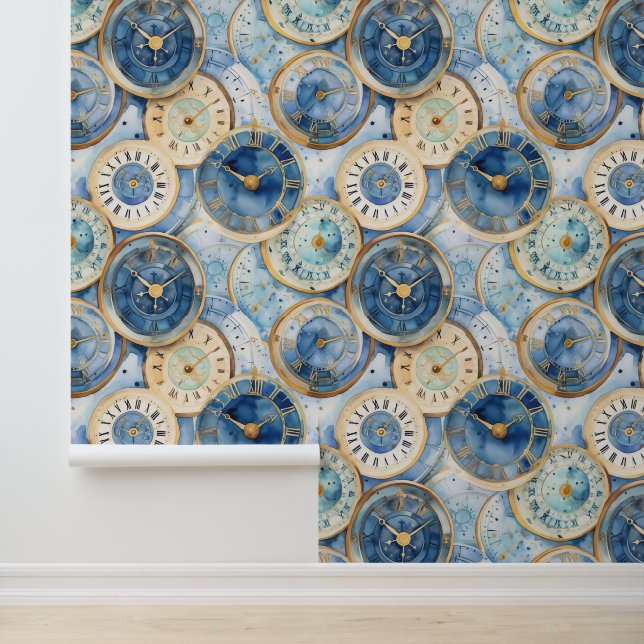 Papier Peint Blue and Gold Clock Pattern (Application)
