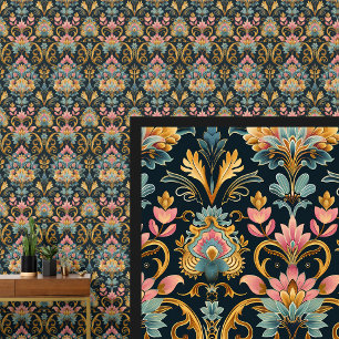 Papier Peint Blue Aqua Pink Gold Art Nouveau