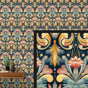 Papier Peint Blue Aqua Pink Gold Art Nouveau
