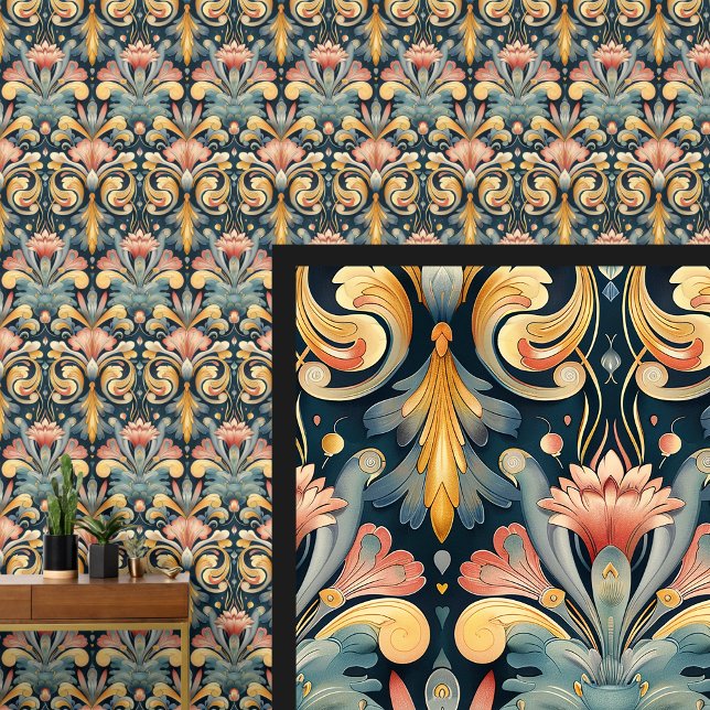 Papier Peint Blue Aqua Pink Gold Art Nouveau (Créateur téléchargé)