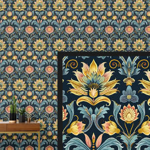Papier Peint Blue Aqua Pink Gold Brown Art Nouveau