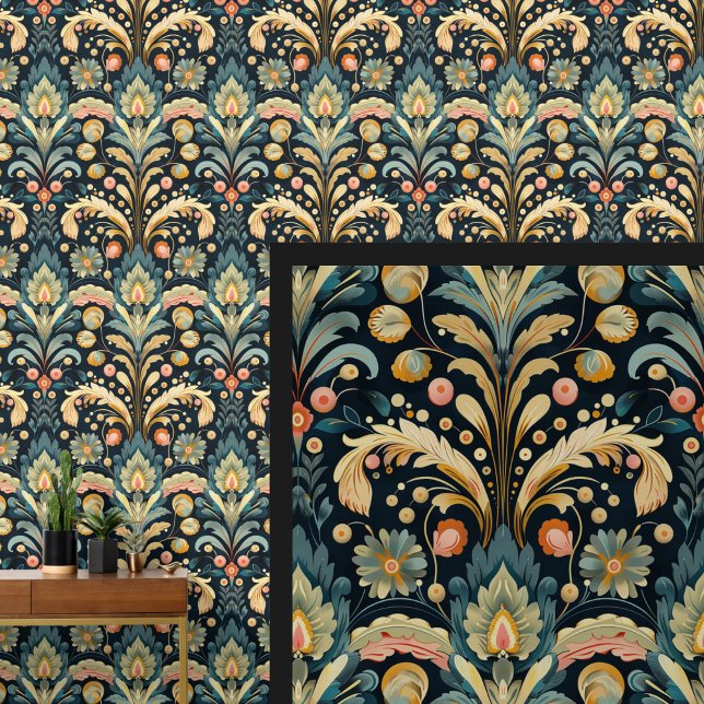 Papier Peint Blue Aqua rose jaune Art Nouveau (Créateur téléchargé)