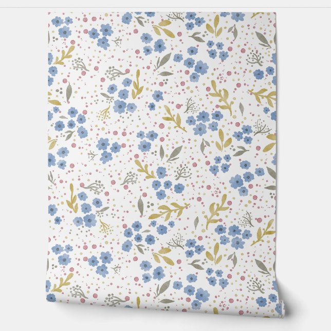 Papier Peint Blue Blossoms Watercolor Seamless Pattern (Déroulement)