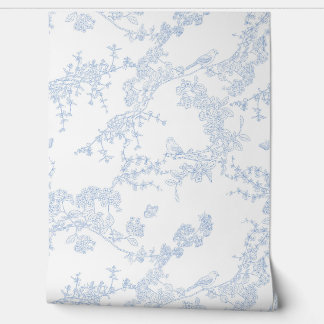 Papier Peint Blue Chinoiserie Toile de Jouy Oiseaux Jardin Flor