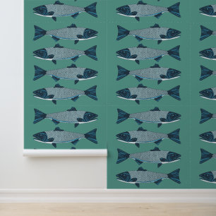 Papier Peint Blue Folk Art Trout/Saumon
