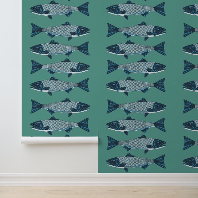 Papier Peint Blue Folk Art Trout/Saumon (Application)