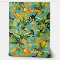 Blue Tropical Vintage Monkey Floral Rainforest