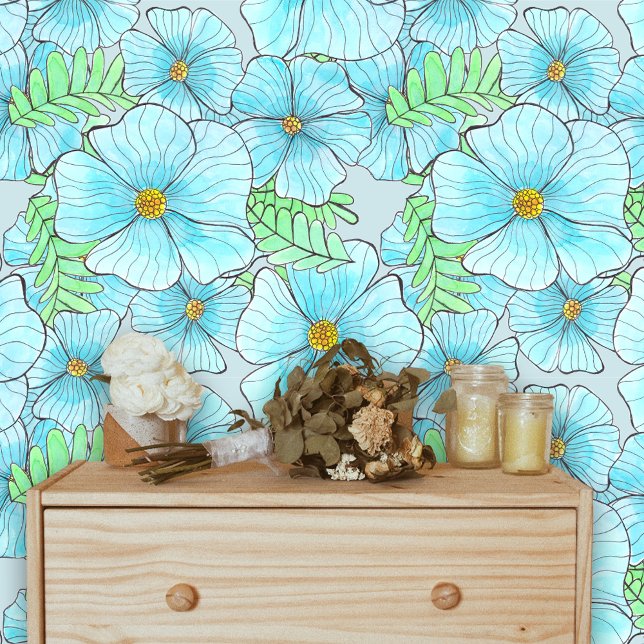 Papier Peint Bohème Elegant Aquarelle Aqua Blue Flowers (Créateur téléchargé)