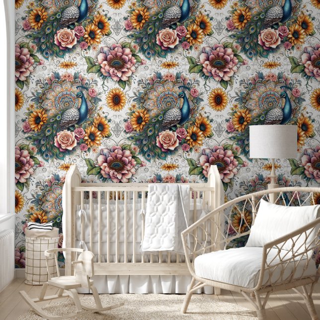 Papier Peint Bohemian Peacock & Sunflower Dream (Enfants)